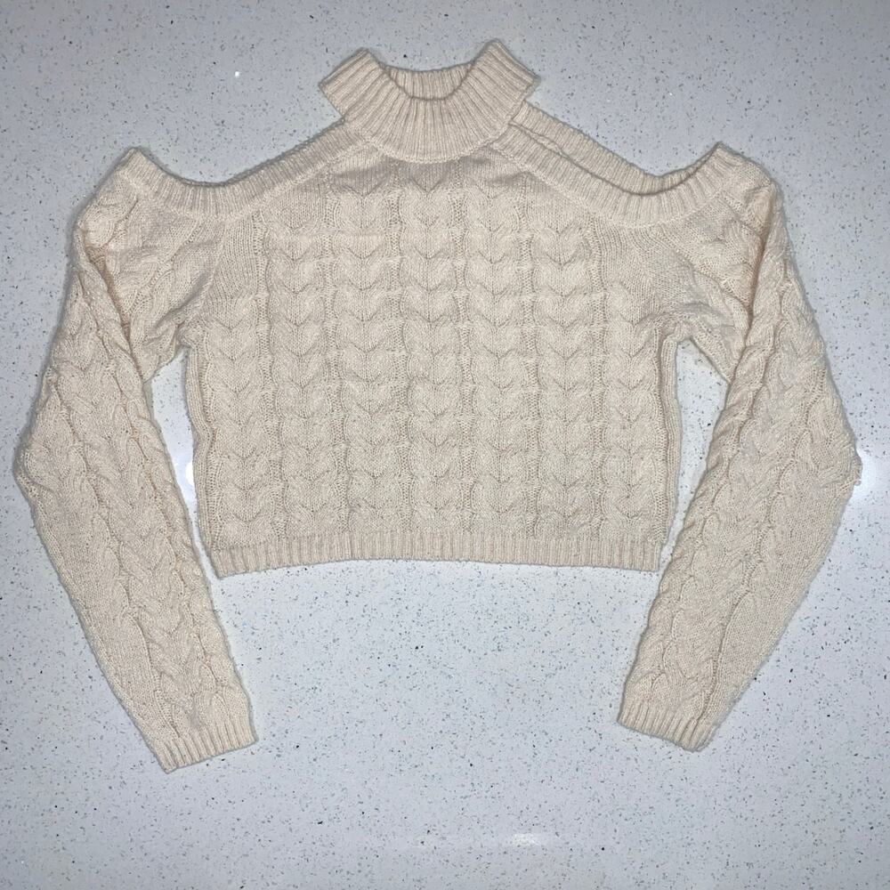 Dreamers by Debut Women’s XL Cream Crop Top Open Shoulder Long Sleeve Sweater